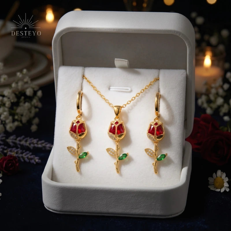 Set Collar & Aretes Clavel Rojo Oro